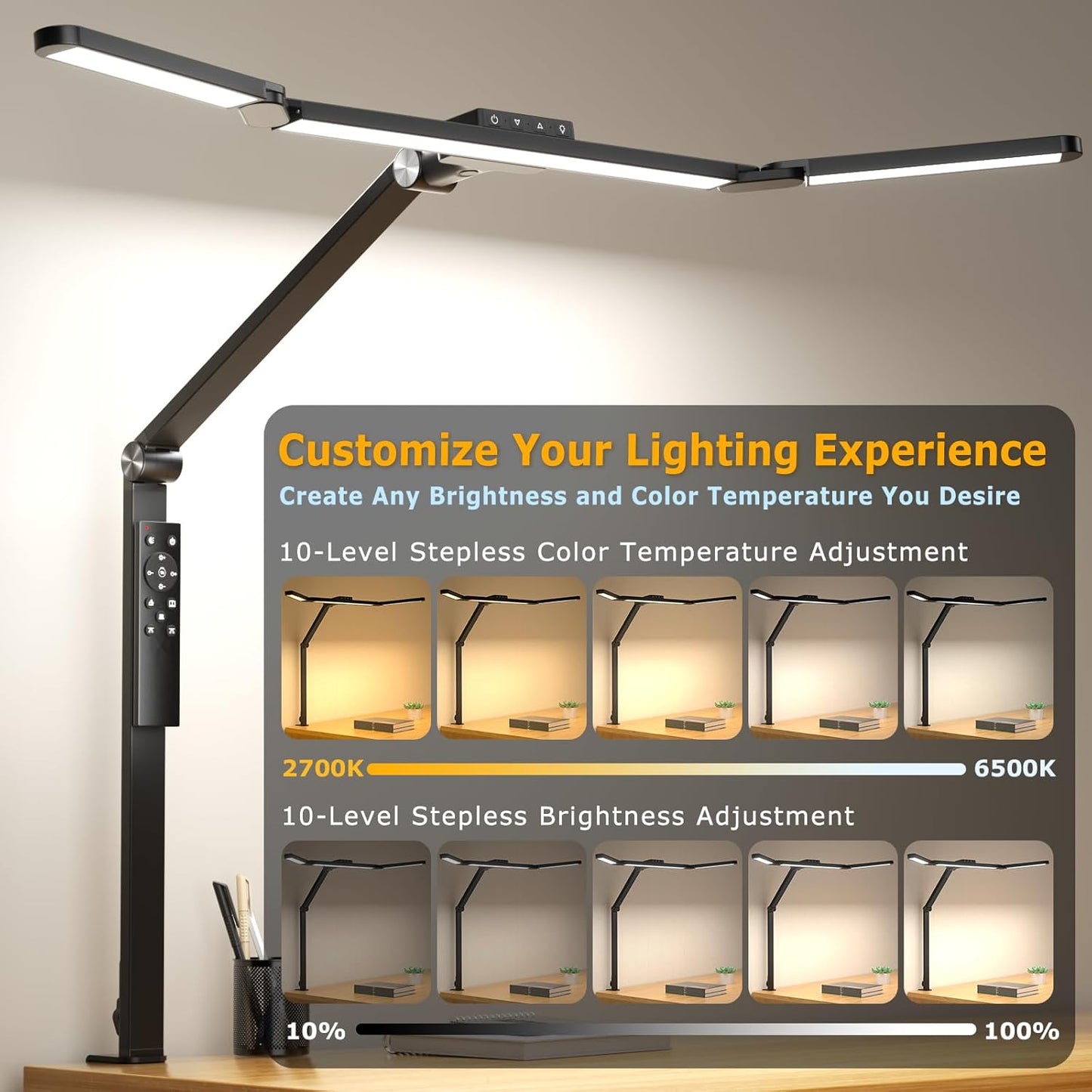 Airlonv LED Desk Lamp for Office Home, Eye-Caring Desk Light with Stepless Dimming Adjustable Flexible Gooseneck, 10W USB Adapter Desk Lamp with Clamp for Reading, Study, Workbench (Black)