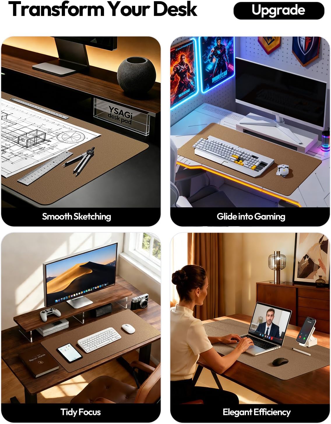 YSAGi Large Extended PU Leather Desk Pad Protector – Non-Slip Waterproof Desk Mat for Office & Home, Easy Clean Mouse Pad & Laptop Writing Blotter 35.4"x17" Black - Colors B