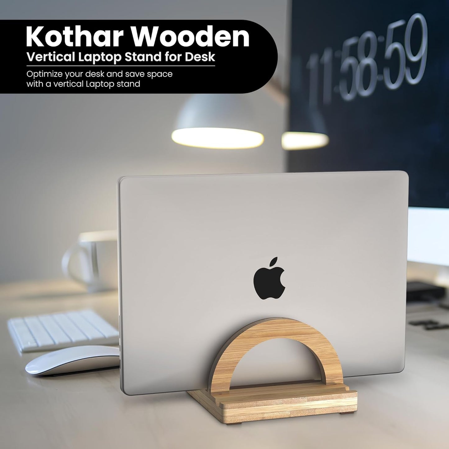 Kothar Premium Wood Vertical Laptop Stand - Adjustable Single Slot Bamboo Holder for MacBook, Dell, HP, and More | Space-Saving Desktop Organizer | Eco-Friendly, Sleek & Durable Design