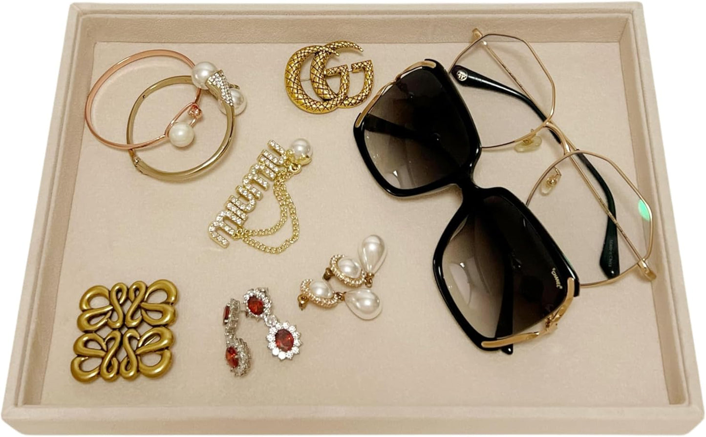 Velvet Sunglasses Organizer Tray 4 Slot, Stackable Eyewear & Glasses Display Case, Premium Beige Velvet, Scratch-Free Lining, Drawer Insert for Dressing Table Vanity Home Retail Trade Show