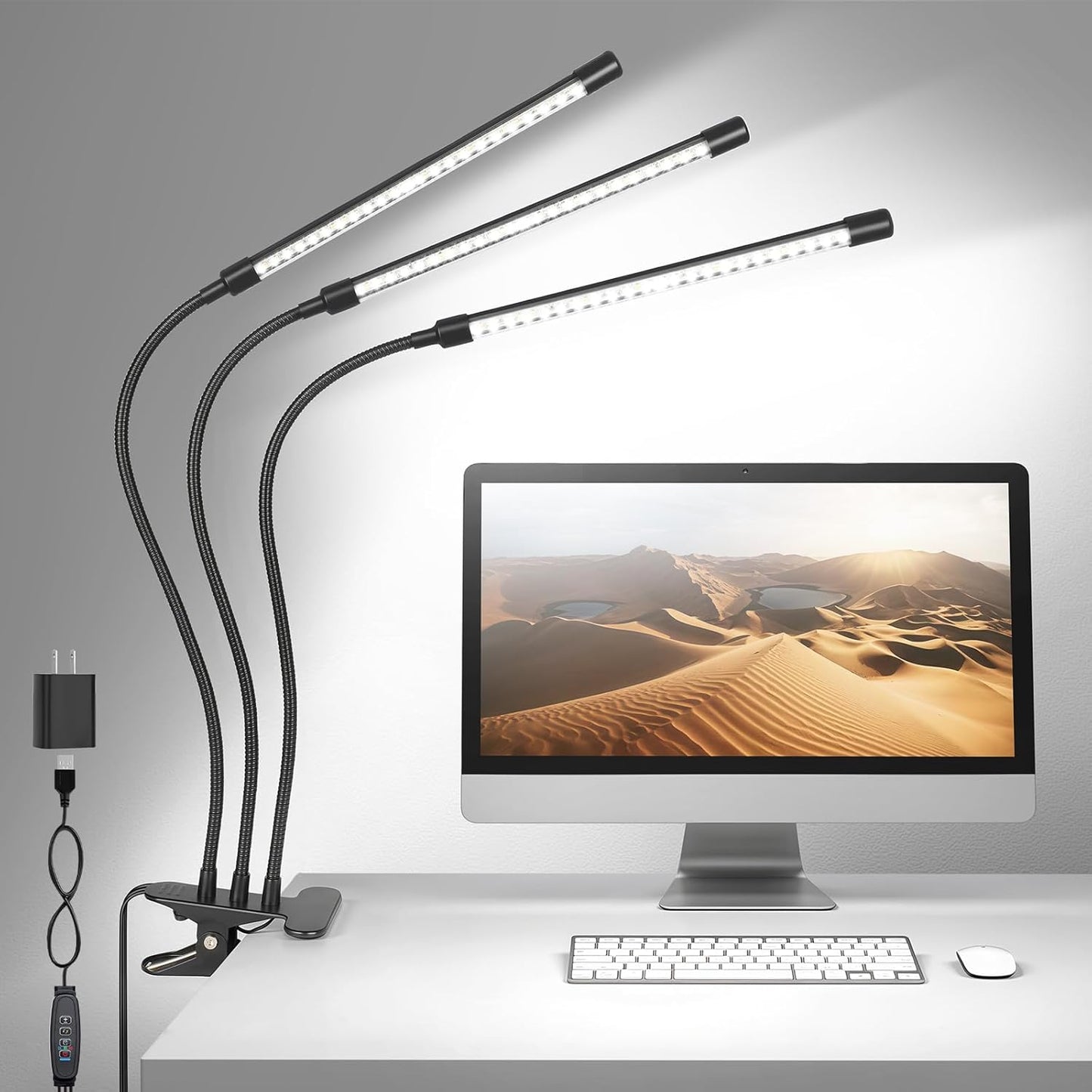ShineTech LED Desk Lamp with Clamp, 3-Head Ultra-Wide Lighting, 4 Color Modes, Adjustable Gooseneck Task Lamp, Eye-Safe Dimming, Memory & Auto-Off Timer, Desk Light for Home Office, Study, Reading