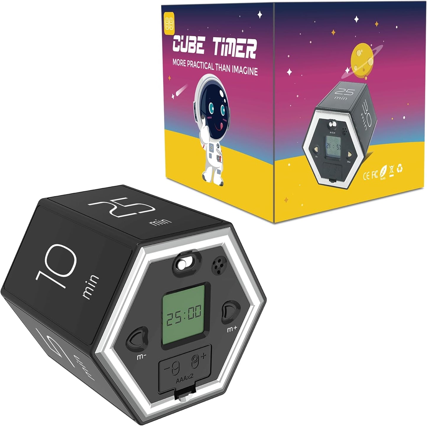Hexagon Flip Timer, Kitchen Timer for Cooking, Various Time Presets, LCD Digital Display, Magnetic Suction, Mute Alarm Modes, Practical Gift Ideal for Study, Office, Gym, Kitchen, etc. (Black)