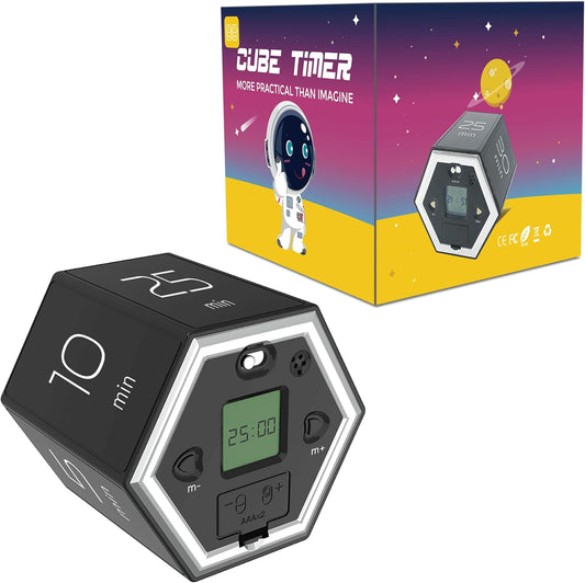 Hexagon Flip Timer, Kitchen Timer for Cooking, Various Time Presets, LCD Digital Display, Magnetic Suction, Mute Alarm Modes, Practical Gift Ideal for Study, Office, Gym, Kitchen, etc. (Black)