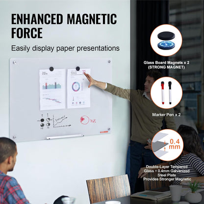 VEVOR Magnetic Glass Whiteboard, Dry Erase Board 36"x24", Wall-Mounted Large White Glassboard Frameless, with Marker Tray, an Eraser and 2 Markers, Black