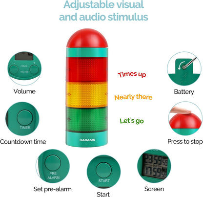 KADAMS Visual Timer for Kids with Audio Pre-Alarm - Traffic Light Alarm for Kids Toddler Teachers Classroom Home Time Management Tool 24hr Countdown Pause Memory Function