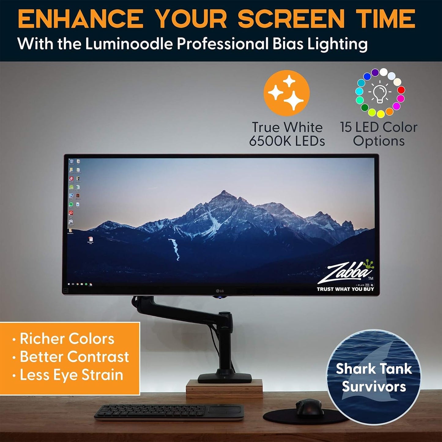 Luminoodle Color Bias Lighting, USB TV and Monitor Backlight LED Strip Lights Kit with Dimmer, Remote - 6.6 ft for 24" to 60" TV - Medium