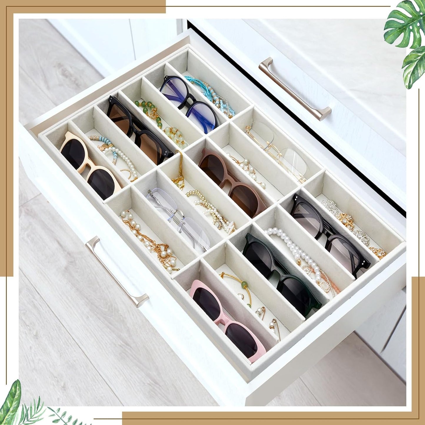 Amylove 4 Pcs Gray Sunglass Organizer Trays 4 Grids Velvet Glasses Holder Jewelry Display Organizer Eyeglasses Storage Box Drawer