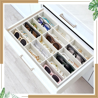 Amylove 4 Pcs Gray Sunglass Organizer Trays 4 Grids Velvet Glasses Holder Jewelry Display Organizer Eyeglasses Storage Box Drawer