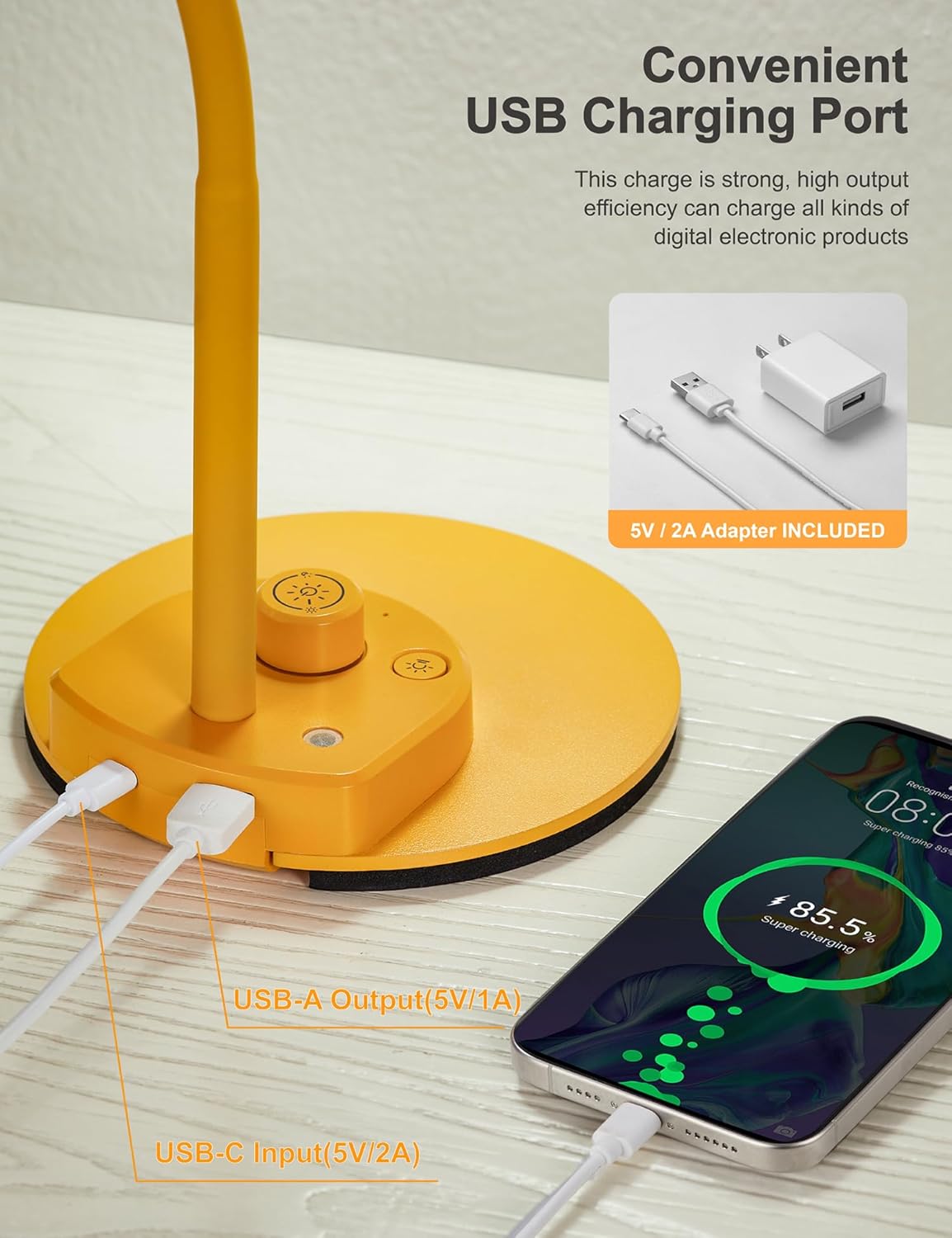 BOHON LED Desk Lamp with USB Charging Port, 3 Color Modes Dimmable Reading Lamp, Auto Dimming Task Lamp, Flexible Neck Table Light for Dorm Bedside, Adapter Include, White