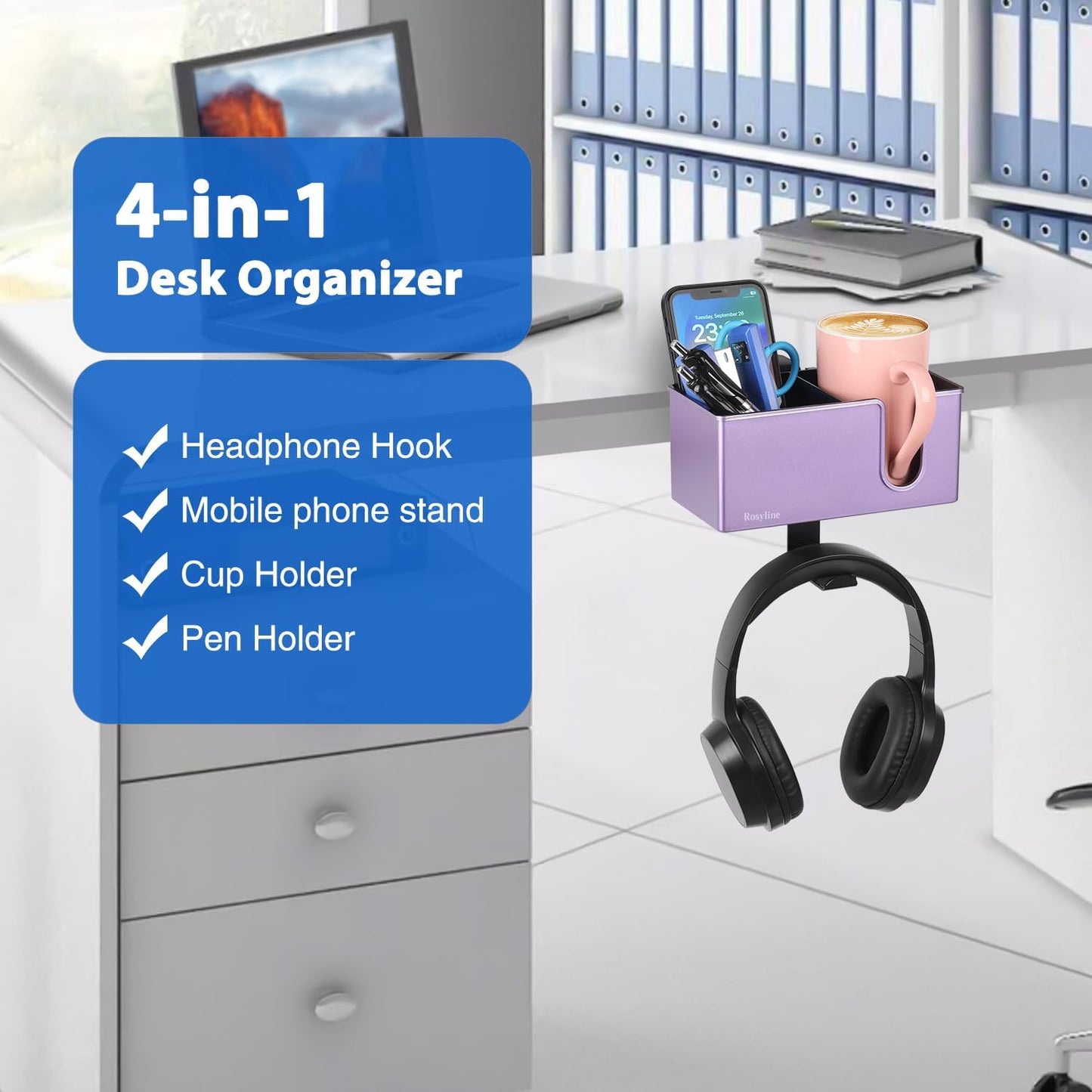 Rosyline 3-in-1 Desk Cup Holder & Clip-on Cup Holder, Clip on Desk Organizer – with Anti-Spill Function, Keeps Your Coffee, Headset, Phone & Pens Within Easy Reach, for Office Desk (Black)