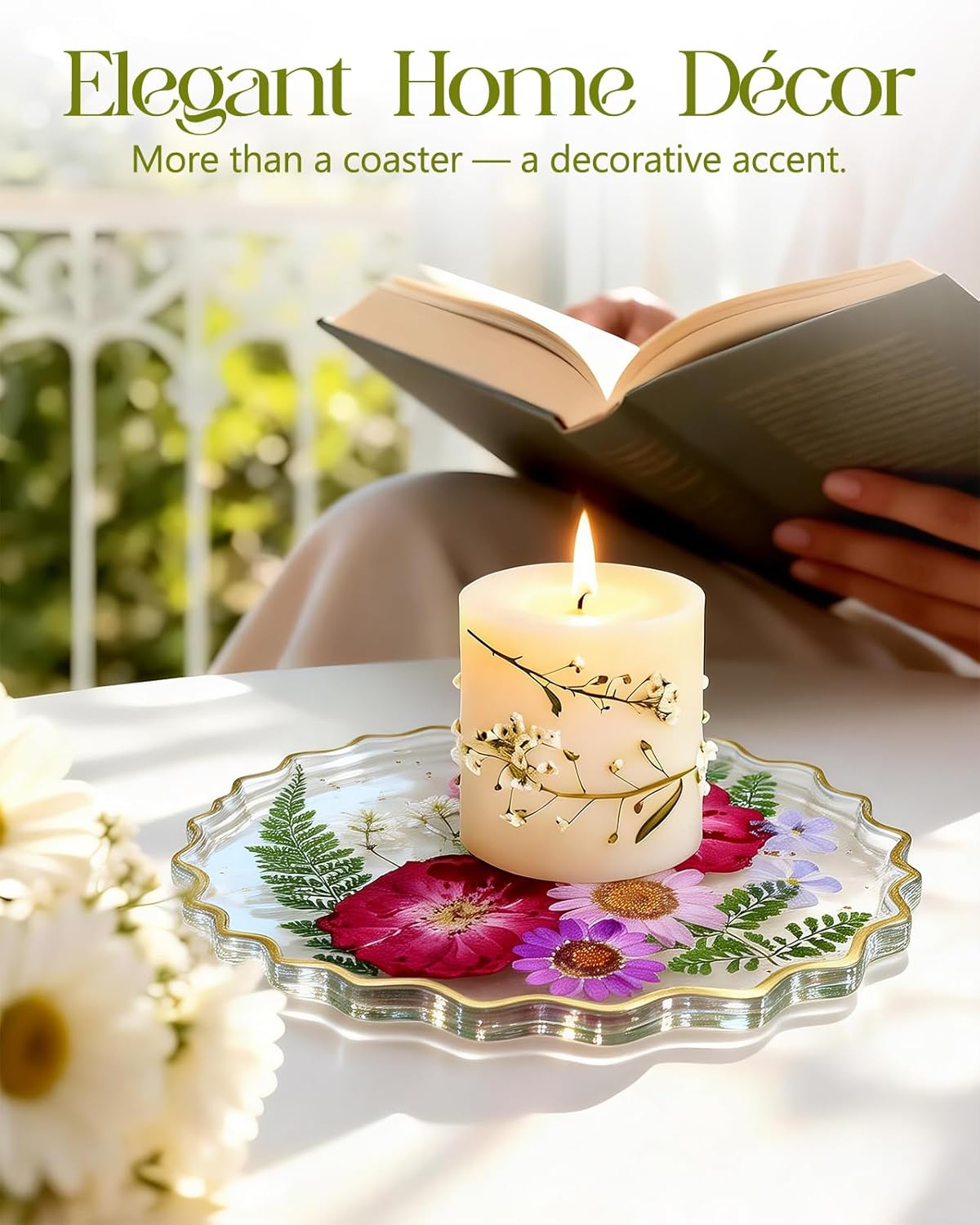 Oqplog Resin Drink Coaster for Desk Coffee Table-Pink White Cute Dried Flowers Cup Coaster for Work Office Home Outdoor Decor Gifts for Girls Women,1 Pcs Wave