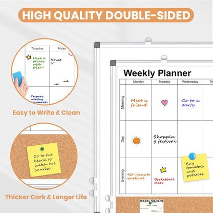 Weekly Dry Erase Calendar Whiteboard for Wall, 24" x 18" Double-Sided Weekly Planner White Board Cork Combo, Hanging & Wall Mount Week Bulletin Board with Notes for Home, Office, School, Kitchen