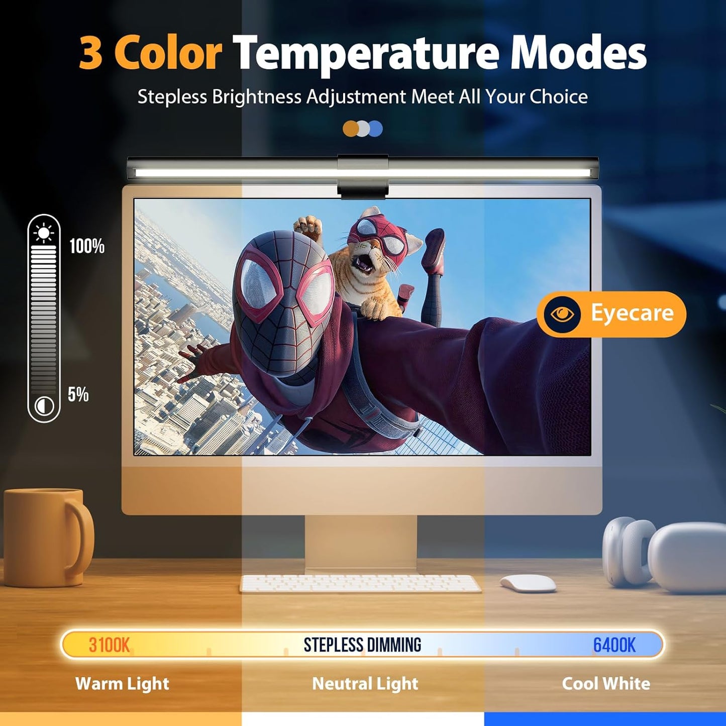 Computer Monitor Light,Screen Monitor Light Bar with Backlight for Eye Caring, E-Reading LED Task Lamp with Color/Dimming Adjustment,Touch Control,No Screen Glare Space Saving Home Office Lamp
