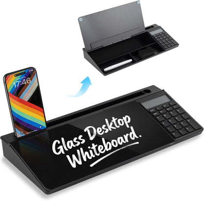 Glass Desktop Whiteboard 15.8×7”, Dry Erase Note Memo Board, Desk Organizer with Storage for Office, Home, Study, Black