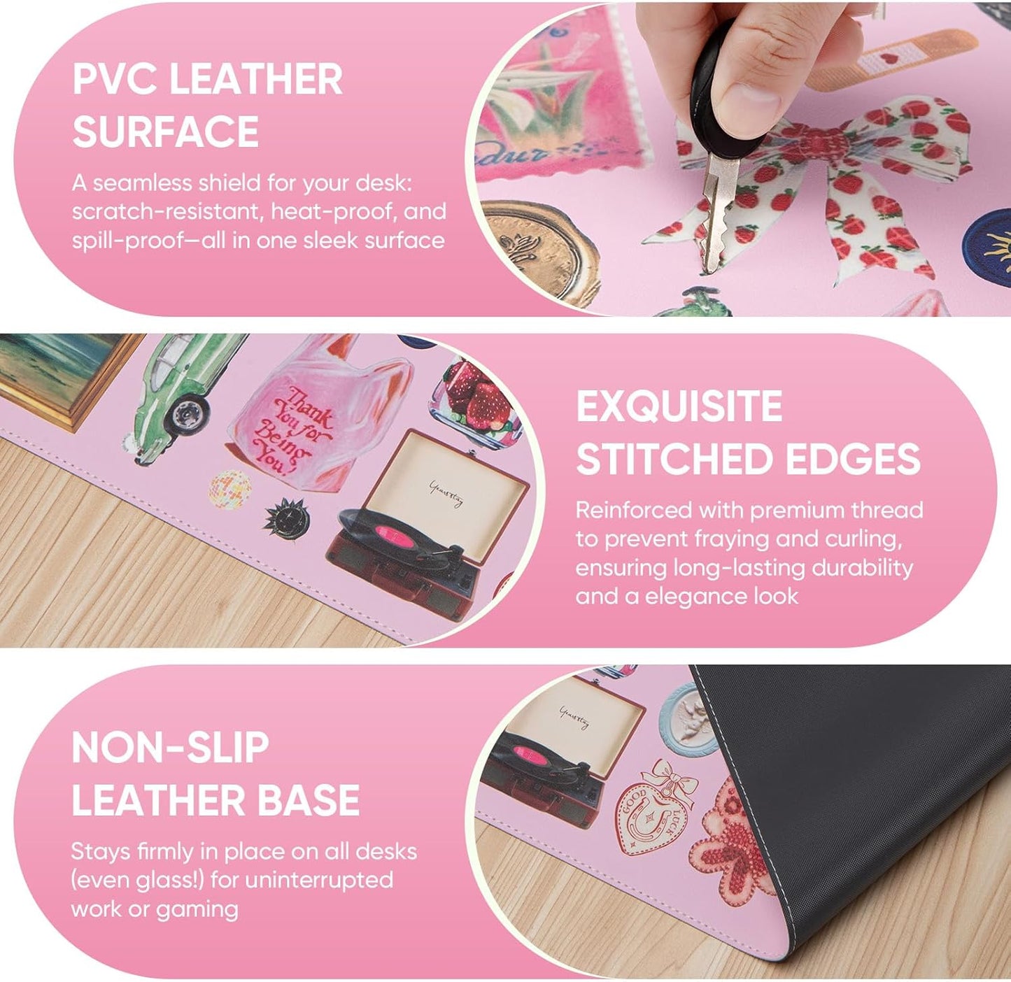 Pink Desk Mat, Leather Desk Pad Blotter Protector, XXL Large Mouse Pad,Computer Laptop Mouse Pads for Desktop,Waterproof Writing Anti-Slip Mousepad for Office and Home I Colorful Stickers