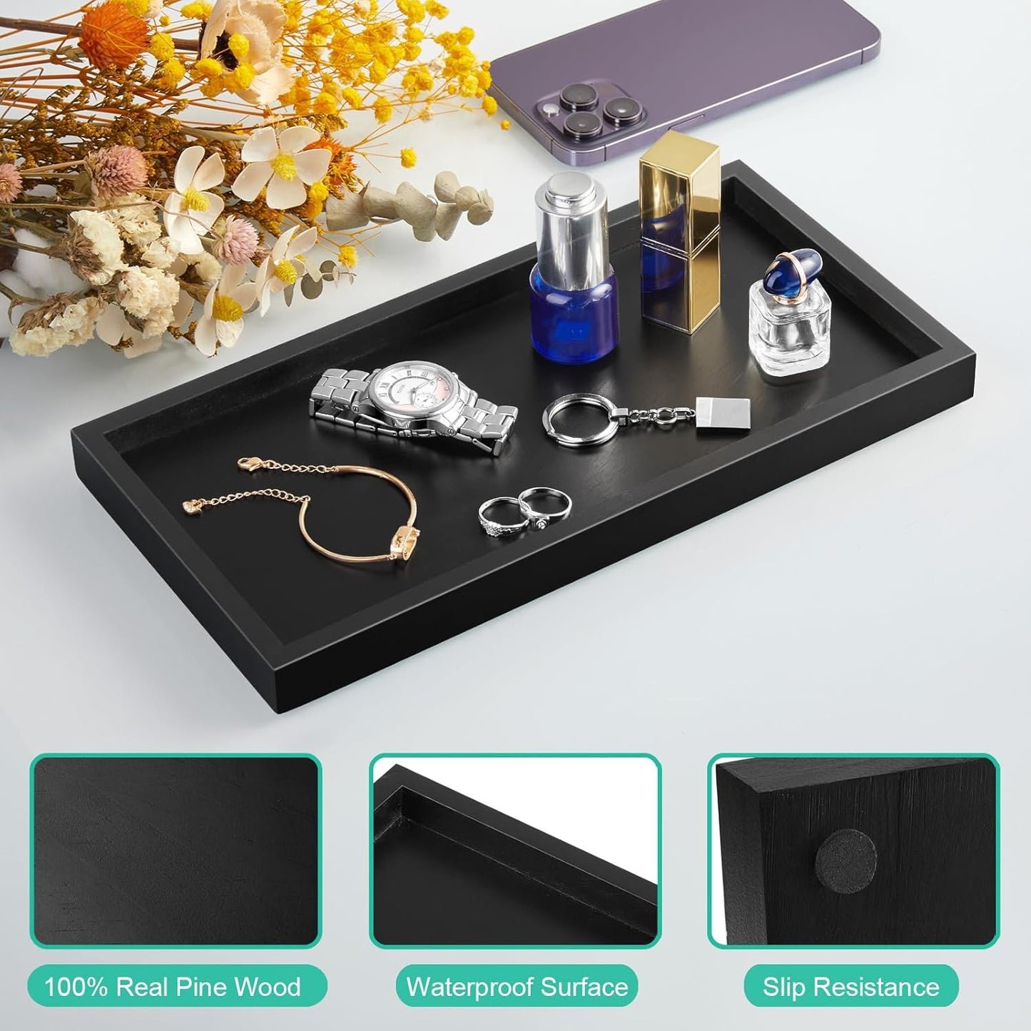 ALELION 8" Acacia Wood Bathroom Vanity Tray for Counter - Dresser Top Tray for Perfume Jewelry Candle Key Catchall - Small Kitchen Countertop Organizer for Soap Dispenser and Sponge Holder