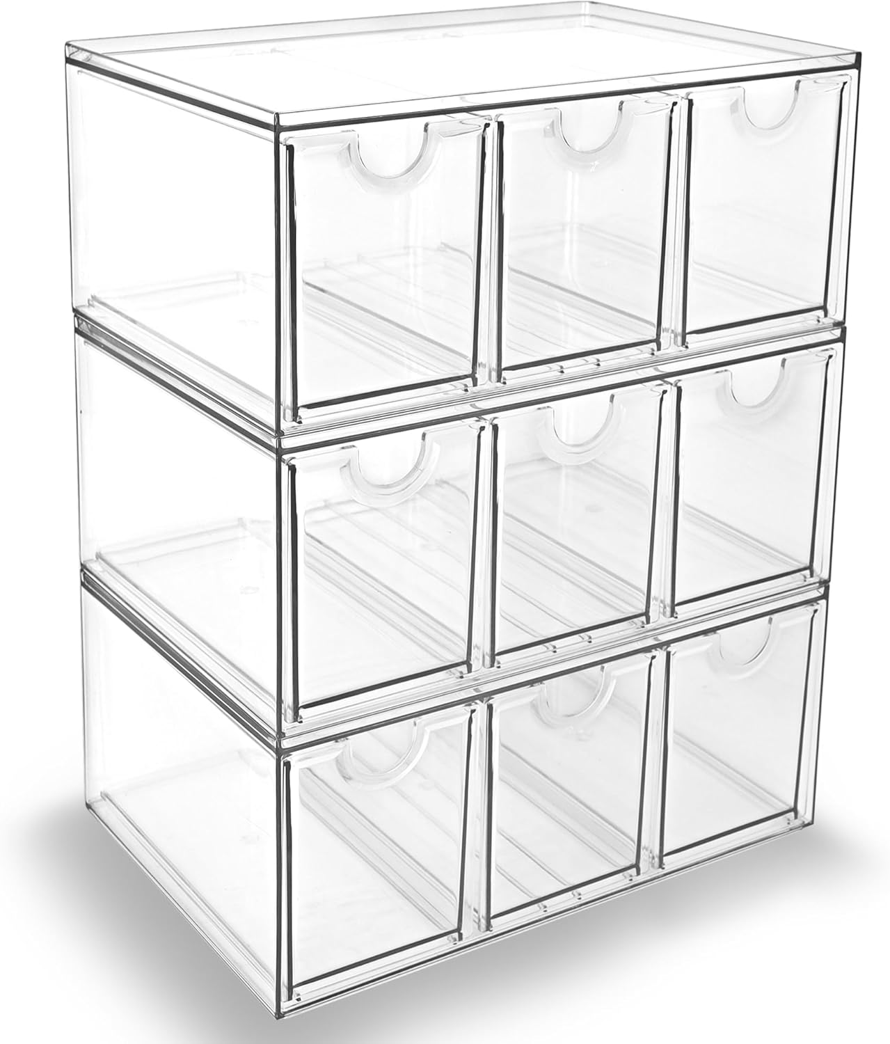 Prsildan Acrylic Drawer Makeup Organizer with 6 Drawers (Not for Baby Bottle), Set of 2 Office Desk Organizers Accessories, Clear Stackable Storage Drawers for Vanity, Craft (Largest Drawer 4" Tall)