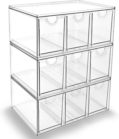Prsildan Acrylic Drawer Makeup Organizer with 6 Drawers (Not for Baby Bottle), Set of 2 Office Desk Organizers Accessories, Clear Stackable Storage Drawers for Vanity, Craft (Largest Drawer 4" Tall)