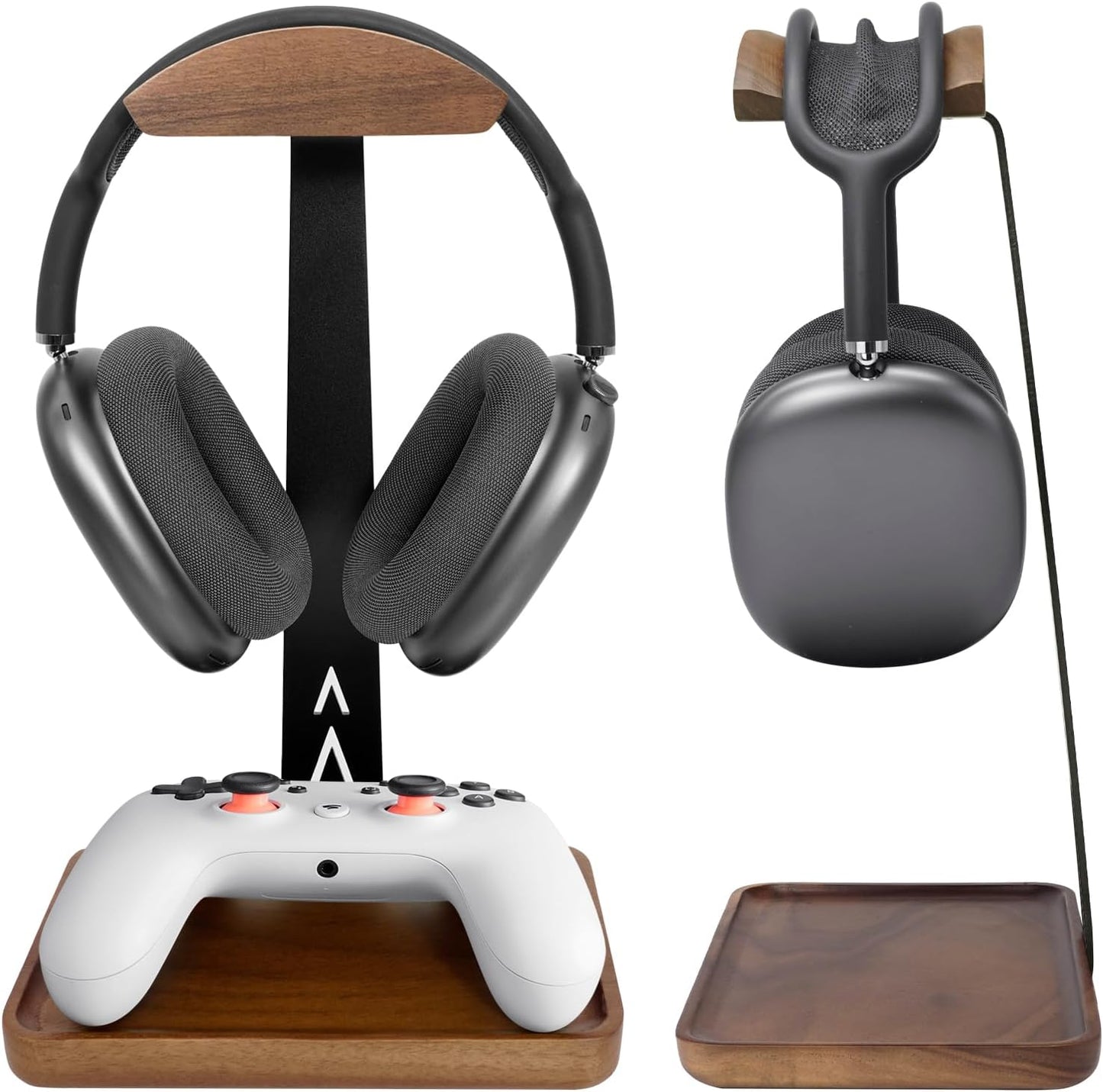GEVO Headphone Stand, Walnut Wood Headset Stand with Storage Base, Gaming Equipment Accessories for Husband, Teens, Boyfriends, Brothers, and Gamers