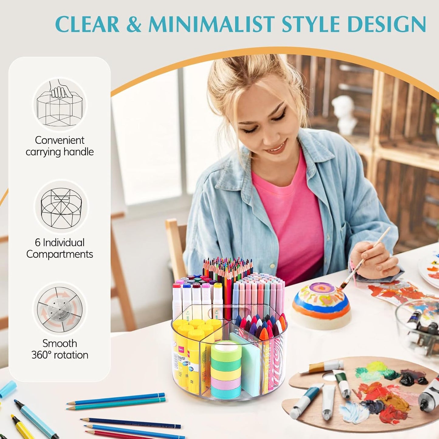 Rotating Pencil Holder for Desk, 5 Slots 360-Degree Spinning Acrylic Pen Holder for Desk, Marker Holder Caddy Art Supply Organizer Pen Organizer for Office Home School