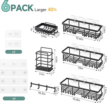Veken Shower Caddy 6-Pack, Advanced Rustproof Design, No Drilling Adhesive Shelves, Rack with Soap Holder, Large Capacity Bathroom Organizers and Storage, Wall-Mounted Kitchen & Home Decor