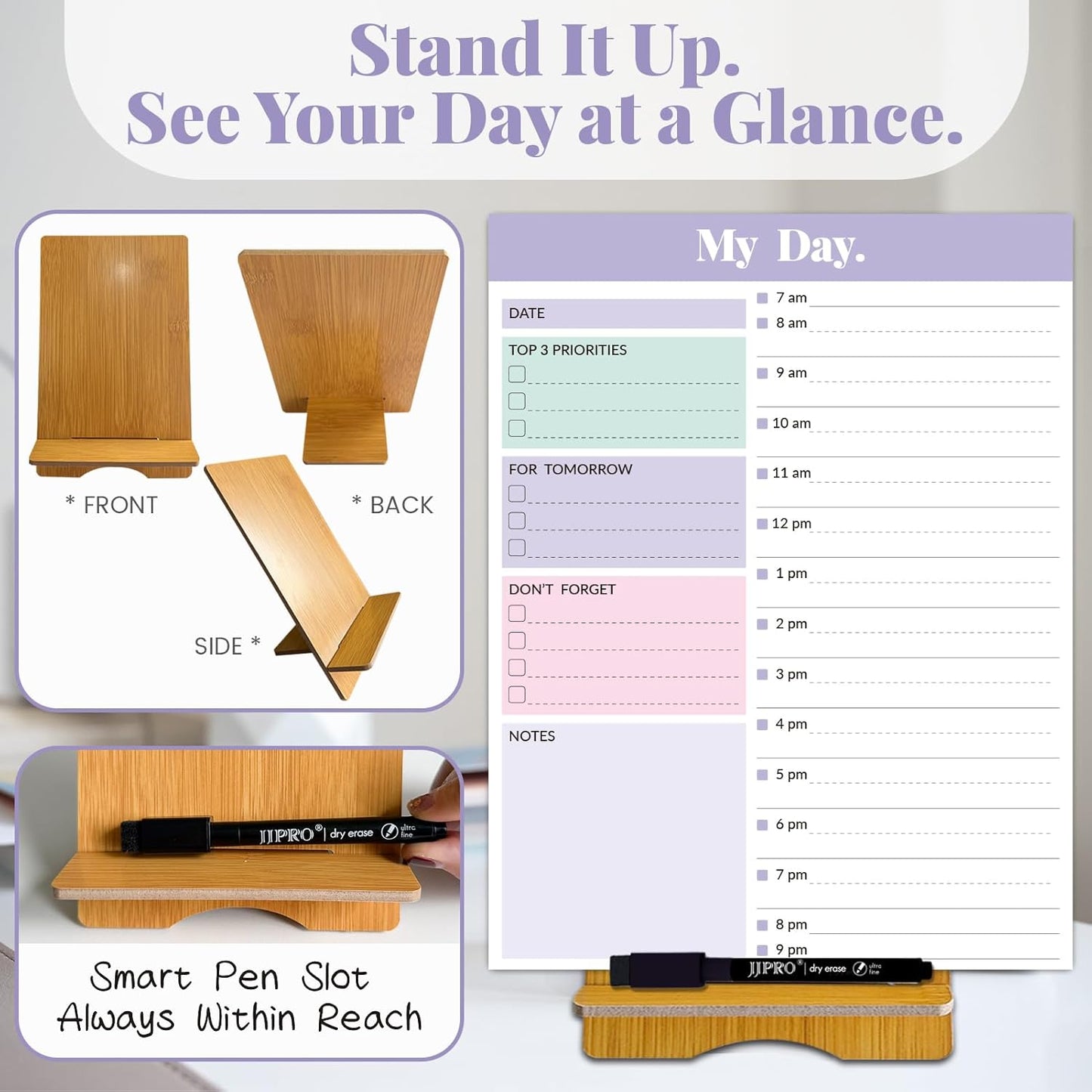JJPRO Reusable Desktop Daily Planner with Stand,Reusable Time Schedule Board,11"x8.5" Hourly Schedule Dry Erase Board with Time Slots,Desk Hourly Dry Erase Board w/Engineered Wood Stand-Sage Green