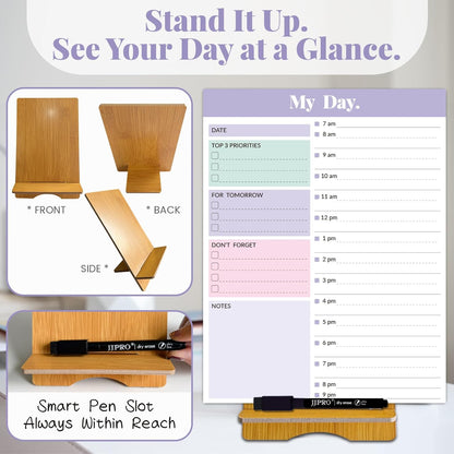 JJPRO Reusable Desktop Daily Planner with Stand,Reusable Time Schedule Board,11"x8.5" Hourly Schedule Dry Erase Board with Time Slots,Desk Hourly Dry Erase Board w/Engineered Wood Stand-Sage Green