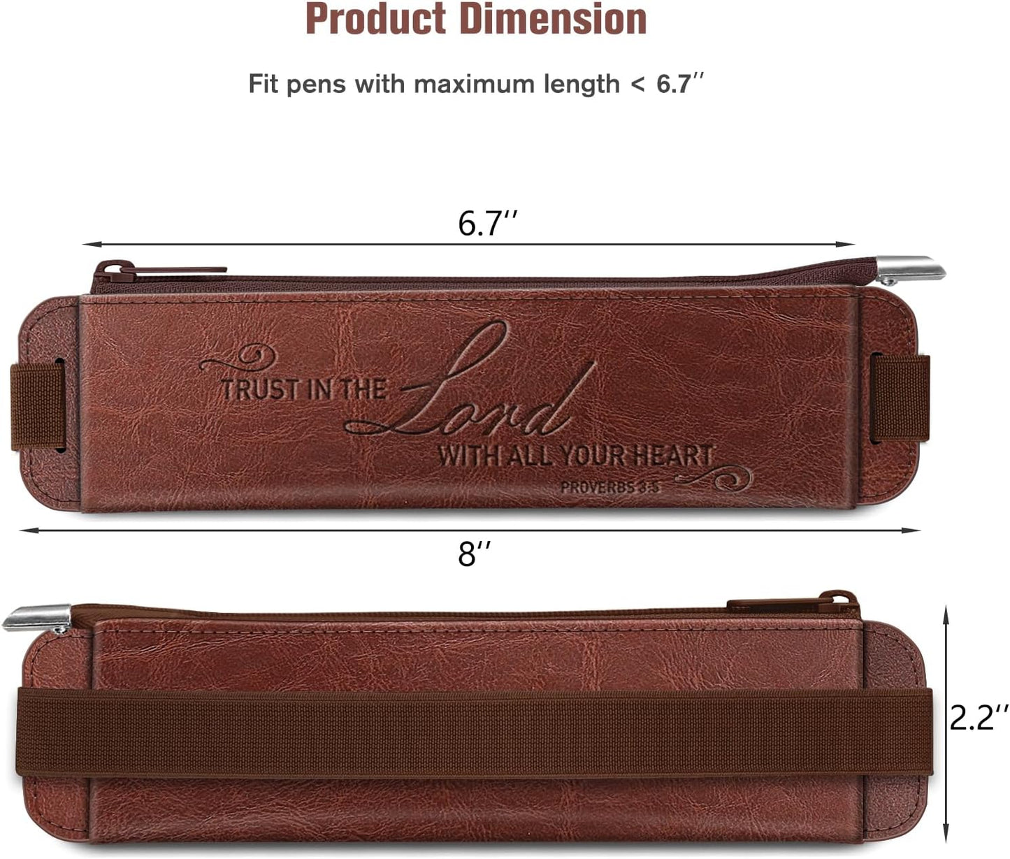 FINPAC 2-Pack Elastic Pen Holder for Notebook, Leather Pen Holder Stationery Zipper Bag for Pencils, Markers, Pen Pouch w/Elastic Band for Bible Journaling, Planners, Tablets, Brown