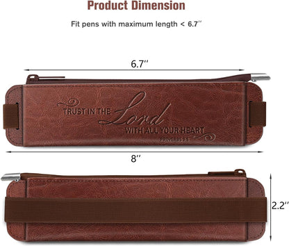 FINPAC 2-Pack Elastic Pen Holder for Notebook, Leather Pen Holder Stationery Zipper Bag for Pencils, Markers, Pen Pouch w/Elastic Band for Bible Journaling, Planners, Tablets, Brown