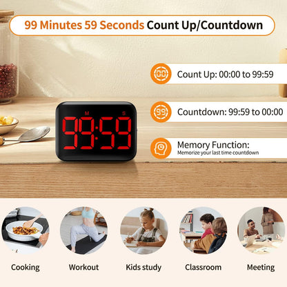 VOCOO Magnetic Kitchen Timer for Cooking with Count Up Countdown, Digital Timer Battery Powered with Large Display, 2 Brightness and Volume Levels for Classroom, Teacher, Kids