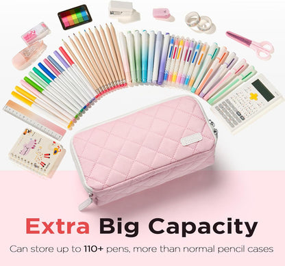 Sooez Large Pencil Case Pouch, Extra Big Pencil Bag with 8 Compartments, Pen Bag Wide Opening, Soft Quilted Pencil Pouch Organizer with Zipper, Portable Pencil Case for Teen Girls, Pink