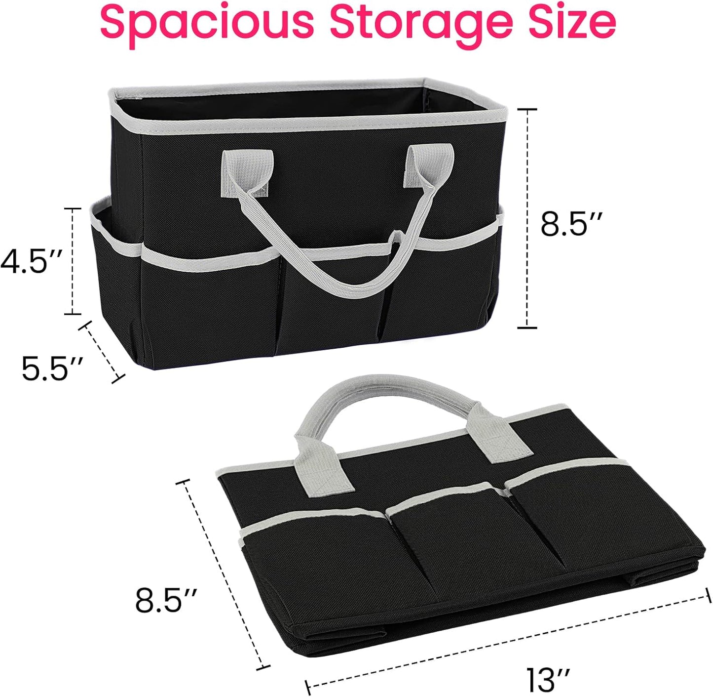 Desktop Tote and Stock Organizer, Teacher Helper Tote Bag Organization for Arts, Books, Stationery, Office Desk Organizer, Make-up Storage Tote with Handles for Travel, Black-Gray