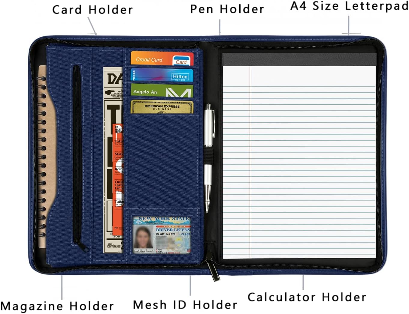 Zippered Portfolio Organizer/ A4 Refillable Lined Writing Notepad Folder Case/Fabric-Covered Padfolio Binder with Interior Storage Pocket for Men Women.Classic Black