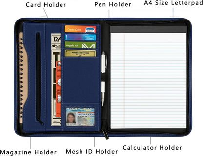 Zippered Portfolio Organizer/ A4 Refillable Lined Writing Notepad Folder Case/Fabric-Covered Padfolio Binder with Interior Storage Pocket for Men Women.Classic Black