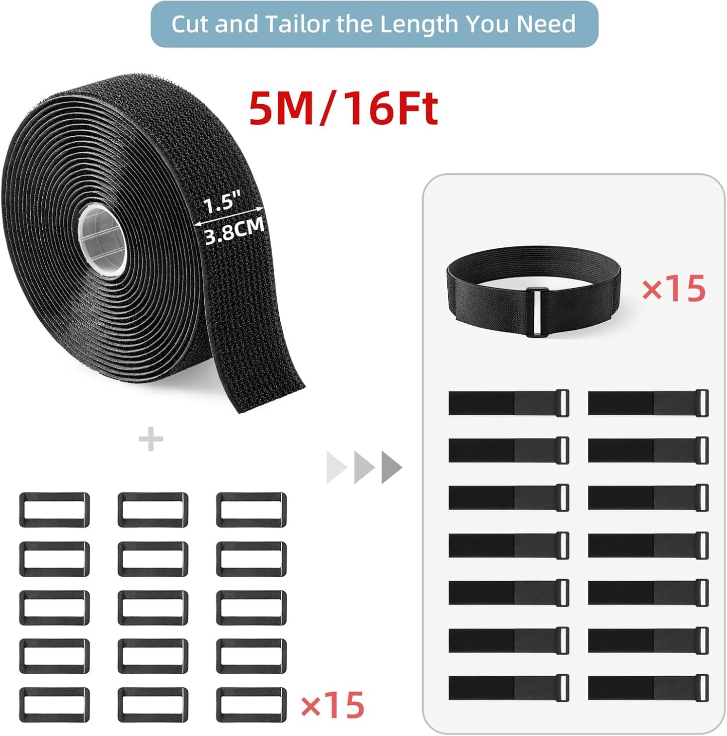 Trilancer 0.8''x 32Ft Reusable Cable Ties, Adjustable Hook and Loop Straps with 50 Buckles, Cut to Length, Ideal for Wire Management, Cord Organizer, and Cable Straps, Black