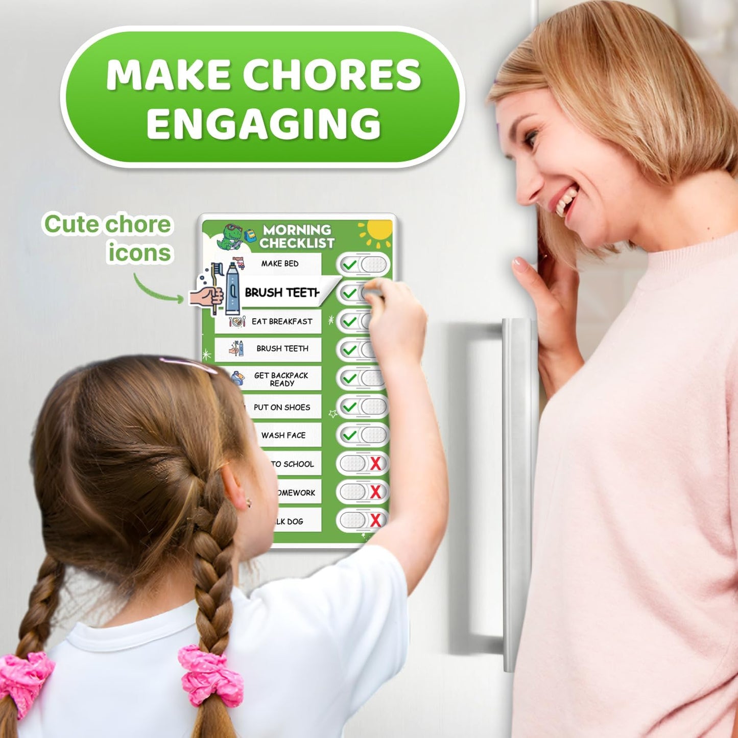Upgraded Slider Dry Erase Chore Chart for Kids, Whiteboard Magnetic Chore Chart for 2 Kids, Reusable Morning/Bedtime Routine Chart for Kid Toddlers Teens Adult, Visual Schedule for Kid with Autism