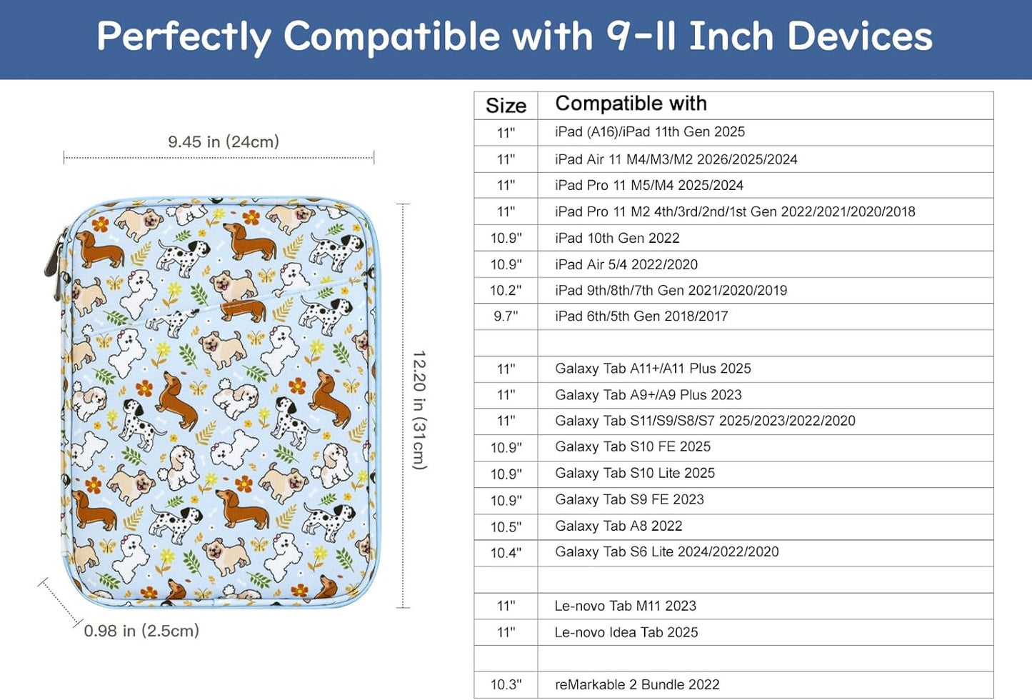 Dadanism 9-11" Tablet Sleeve Bag Carrying Case for iPad (A16) 11th Gen 11", iPad 10th Gen 10.9" Air 5/4, iPad Air M4/Pro 11", iPad 9/8/7th, Galaxy Tab A11+ Plus 11", Remarkable 2 10.3", Black