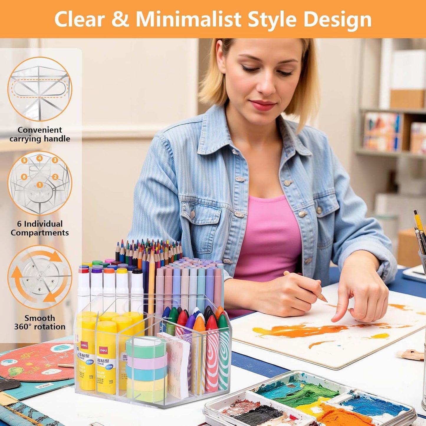 Rotating Pencil Holder for Desk, 5 Slots 360-Degree Spinning Acrylic Pen Holder for Desk, Marker Holder Caddy Art Supply Organizer Pen Organizer for Office Home School
