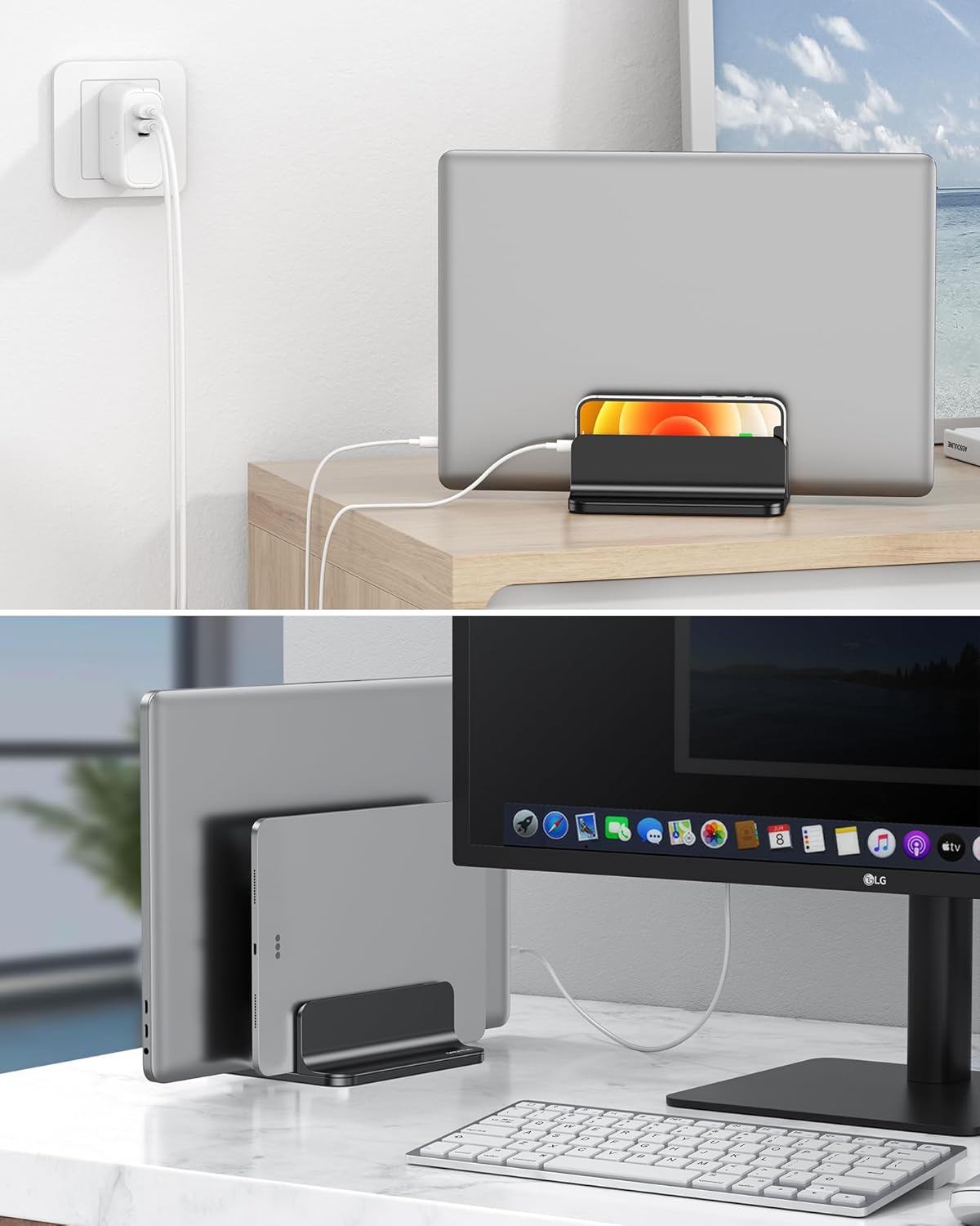 OMOTON Vertical Laptop Stand [Updated Double Version], Desktop Aluminum Mac Book Stand with Adjustable Dock Size, Fits All Mac Book, Surface, Chrome Book and Gaming Laptops (Up to 17.3 inch) (Black)