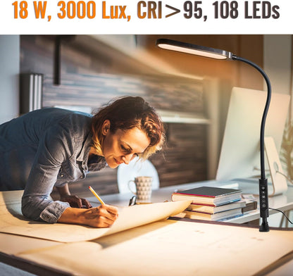 LED Desk Lamp with Clamp, Clamp Light, Tall Desk Lamp with Long Gooseneck, 11W, 850 LMS, 3 Color Modes, 10 Brightness Levels, Eye-Caring, Clip on Desk Light for Reading, Home, Office