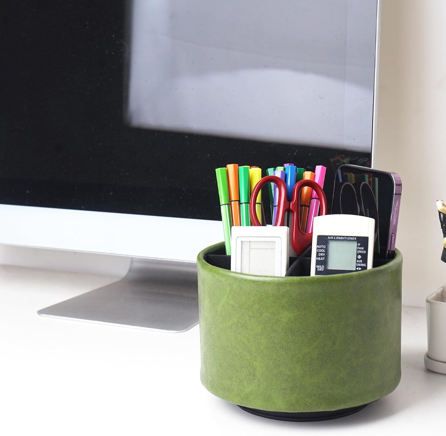 Round Leather Art Supply Organizer,Remote Control Holder,360 Degree Rotating,Multi-Functional Pencil Holder,4 Compartments Desktop Stationary Organizer(1-Fractal Flower) | Round - Colors B