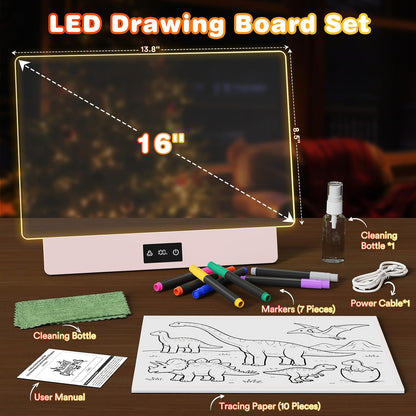 16" LED Drawing Board for Kids, USB-C Rechargeable Neon Glow Pad for Tracing & Creative Play,2000mAh Battery with 72h Runtime, Anti-Scratch 5H Acrylic Surface,7 Markers & A4 Tracing Paper Kit