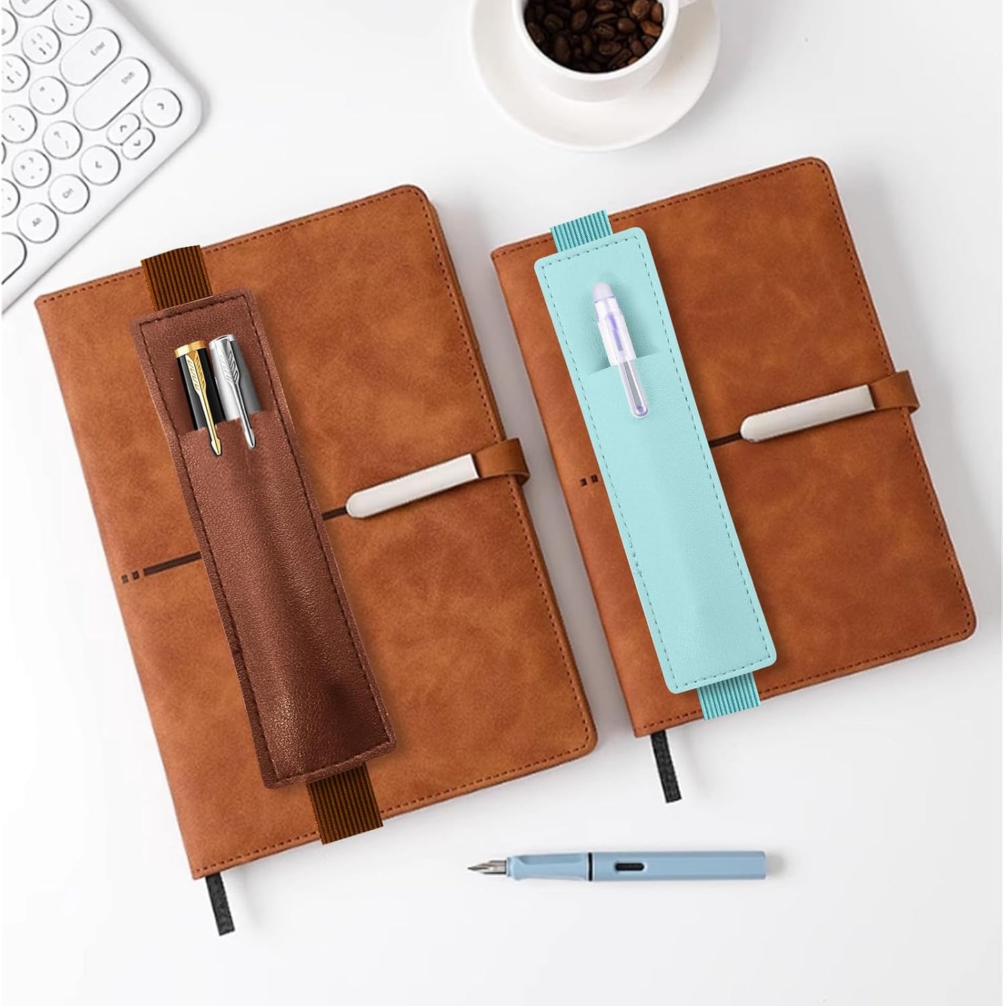 Tokusatsu 2 Pack Adjustable Elastic Pen Holder for Notebook, PU Leather Pencil Pouch with Stretchable Band, Fits Journals, Binders, Planners, Books, Portable Pen Sleeve Pouch, Off-White