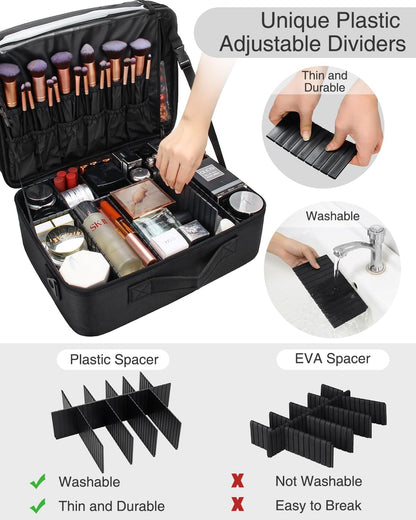 Relavel Makeup Case Large Makeup Bag Professional Train Case 16.5 inches Travel Cosmetic Organizer Brush Holder Waterproof Makeup Artist Storage Box, 3 Layer Large Capacity, with Adjustable Strap