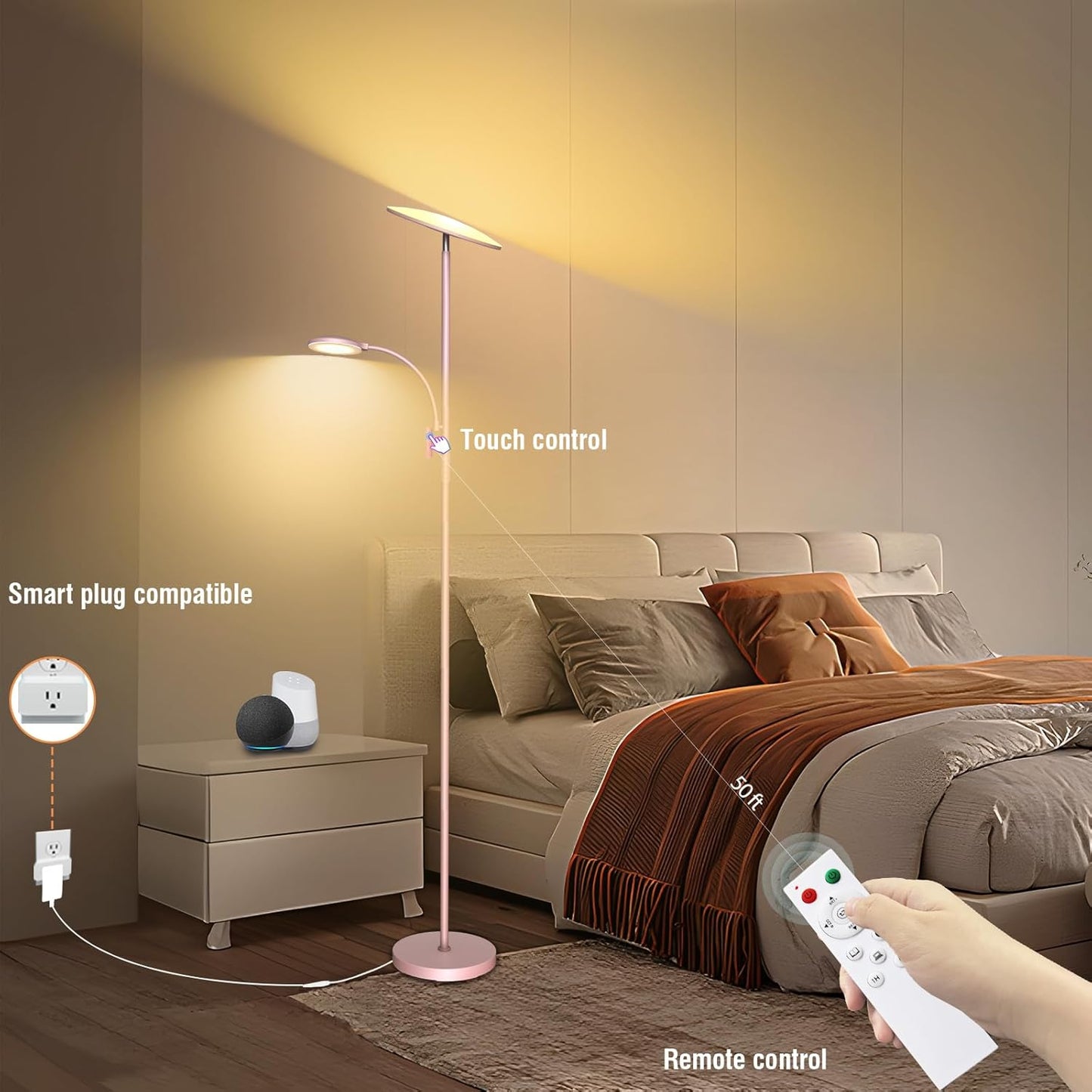 marctronic Floor Lamps for Living Room, 44W/4500LM Super Bright 2 in 1 LED Floor Lamp with Remote, Stepless Dimmable, 69" Tall Standing Floor Lamp with Bendable Reading Light for Bedroom Office