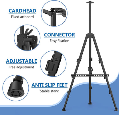 Art Painting Artist Easel Stand, Portable Adjustable Aluminum Metal Tripod Display Easel with Bag, Height from 17 to 66 inch for Table-Top/Floor Drawing and Displaying, Black