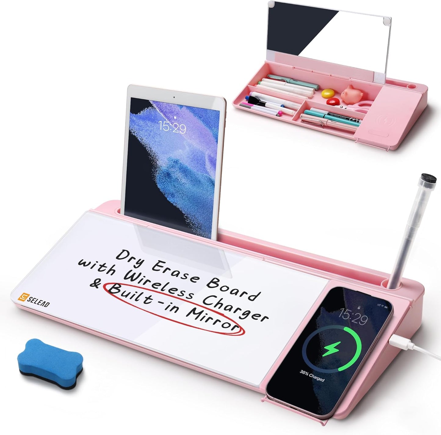 SELEAD Desktop Glass Whiteboard with Wireless Charger Station, Dry Erase Board Computer Pad Keyboard Stand with Organizer for Home, School, Office Desk Accessories, Black