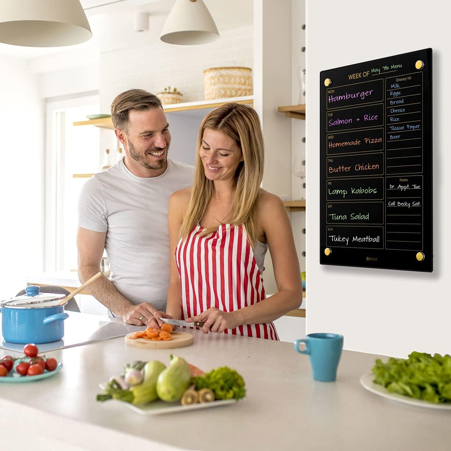Glass Golden Weekly Dry Erase Calendar & Menu Whiteboard for Wall, Meal Planning & Grocery Shopping List White Board for Kitchen, 15x11, 7 Days Planner for Home, 4 Wet Erase Markers Included, Yeoux*