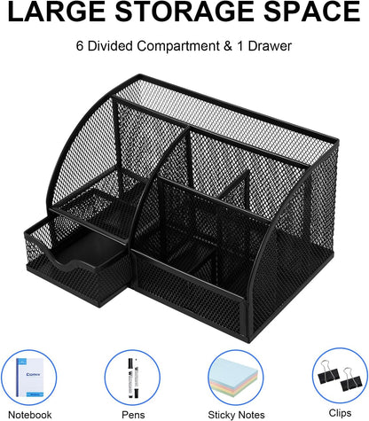 Comix Mesh Pen Pencil Holder Desk Organizer, 3 Compartment Wire Desktop Pen Pencil Cup Caddy Office Supplies Accessories for Home Office School, Black(2 Pack)