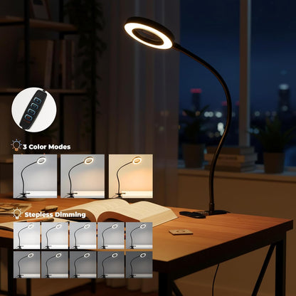 Desk lamp Eye-Caring Table Lamps, 360°Rotation Gooseneck Clip on Lamp Reading Light Portable Reading Book Light Clamp Study Desk Lamps for Bedroom and Office Home Lighting (Black)